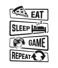 Minimalist Eat Sleep Game Repeat Hand drawn Black and White Lettering Illustration