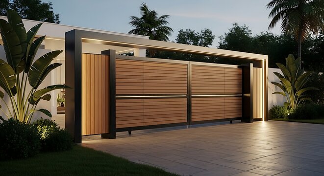 Modern automatic wooden gate with intricate laser cut pattern and integrated lighting set against a stucco wall and lush tropical foliage at dusk