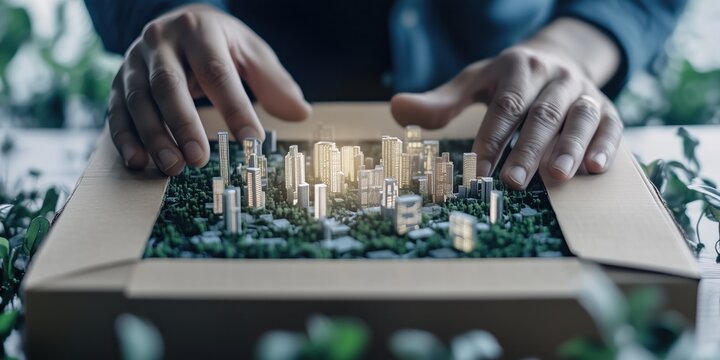 Businessman holding an open cardboard box with city inside. Business and investment concept.
