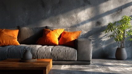 A modern living room boasts a stylish gray couch accented by vibrant orange throw pillows, illuminated by natural sunlight filtering through the window.