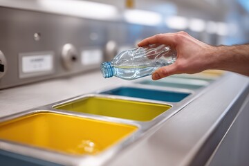 Proper waste sorting in a recycling station with a focus on a person disposing of a plastic bottle