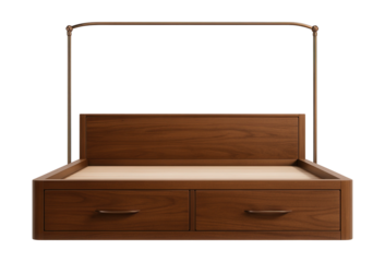 Elevated bed frame with storage drawers and curtain rod.