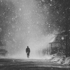 Obraz premium Black & White Lone Person in Snowstorm