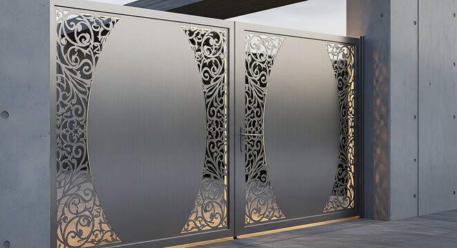 Elegant modern metal gate with intricate laser cut floral patterns and frosted glass panels offering privacy and security for a luxurious property entrance