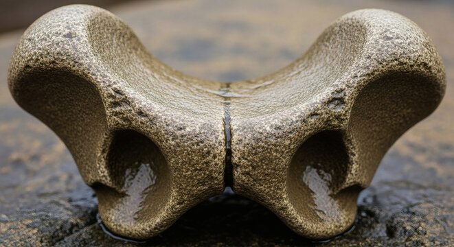 Macro photograph of a smooth, weathered river stone, its surface perfectly curved and shaped by water over centuries, resembling a hip, wet and glistening in soft light