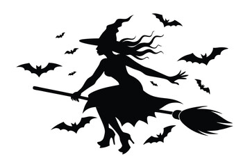 Silhouette of a witch flies on her broomstick surrounded by bats in the night