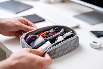 Organized tech accessories in a gray pouch on a workspace table with a computer and digital devices