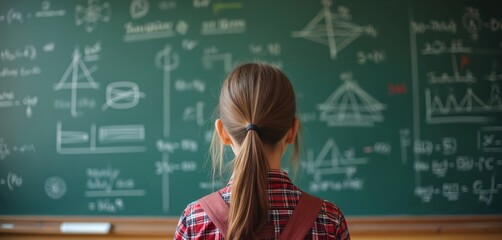 Girl with backpack studies math formulas on green chalkboard. Student learns complex equations in classroom. Studying hard for exam, science lesson, education concept.