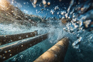 Underwater Oars Creating Bubbles and Light Refractions in Artistic Sports Photography