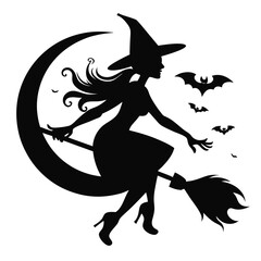 Silhouette shows a witch flying on her broomstick past bats and the moon