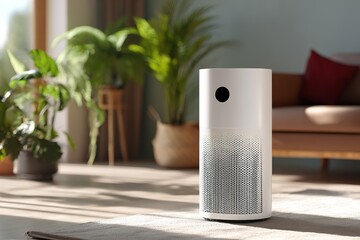 Modern air purifier in a bright living room surrounded by indoor plants and natural light