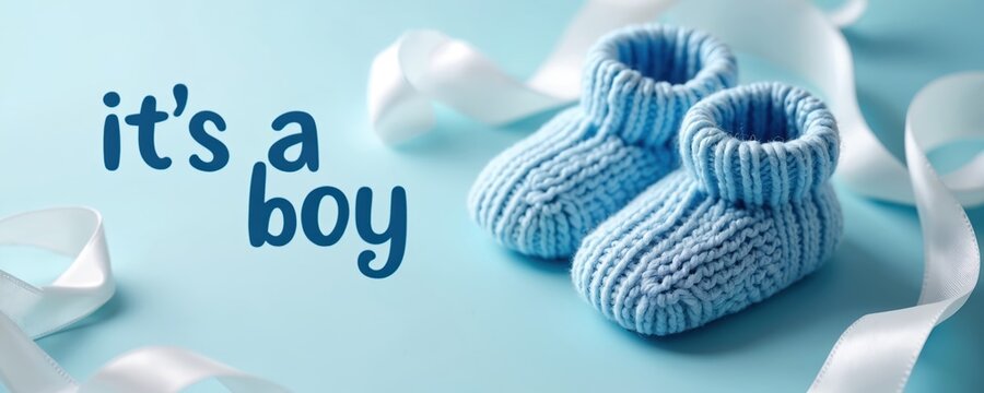 Pair of blue knitted baby booties placed on pastel blue surface. White satin ribbons curve around tiny footwear. Text it boy is visible in dark blue font. Minimalist theme for baby shower celebration.