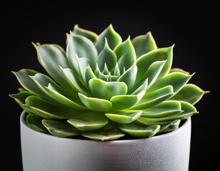 a close up of a bright green succulent plant in a white and gray pot against a black background