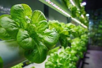 Growing fresh lettuce in a hydroponic farm with vertical systems during daylight hours