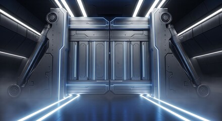 Futuristic metallic doorway with glowing blue neon lights and atmospheric fog creating a science fiction portal or entrance to another dimension