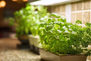 Fresh herbs growing on a kitchen counter under bright light in a cozy home setting