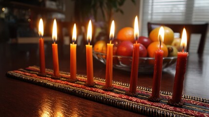 Kwanzaa celebration with kinara candles and fresh fruit decor,Kwanzaa,