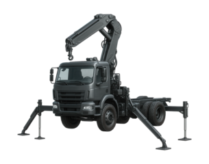 Chassis truck featuring a rotating crane and dual stabilizing outriggers.