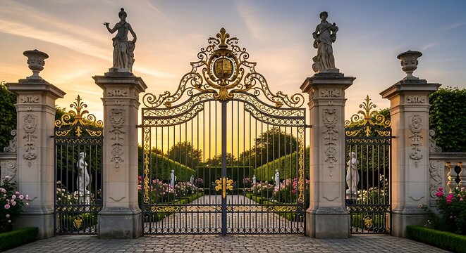 Magnificent ornate wrought iron gate with stone pillars and statues at sunset leading to a lush garden estate evoking grandeur and luxury