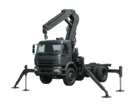 Chassis truck featuring a rotating crane and dual stabilizing outriggers. - Powered by Adobe