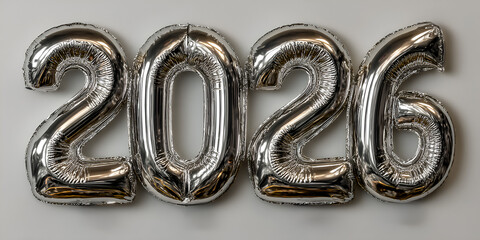 Abstract new years wallpaper with silver 2026 numbers balloons on grey background