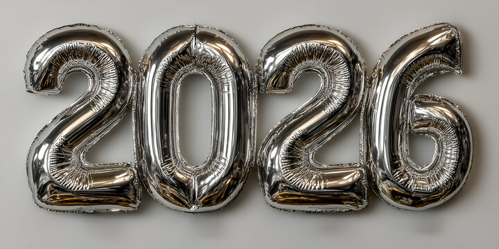 Abstract new years wallpaper with silver 2026 numbers balloons on grey background - Powered by Adobe