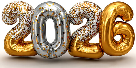 Abstract new years wallpaper with silver and gold 2026 numbers balloons on white background
