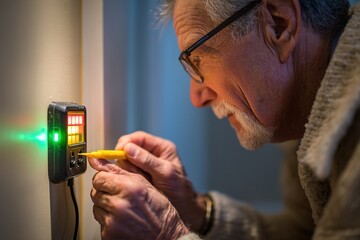 Senior man testing electrical outlet with voltage tester in his home in the evening