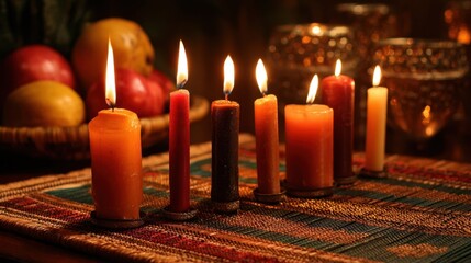 Colorful candle arrangement for kwanzaa celebration on vibrant tablecloth