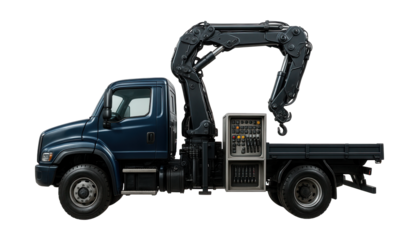 Truck featuring a rear crane and an accessible side control panel.