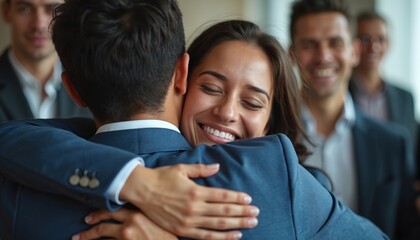 Colleagues hug departing team member with smiles, tears. They share bittersweet farewell, showing support, camaraderie. This moment captures human connection, pro transition within workplace.