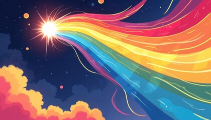Colorful illustration of rainbow comet streaking through night sky with abstract shapes, clouds. Rainbow colors, vibrant, dynamic, pride, energy for LGBTQ community, marketing campaigns. Bright star,