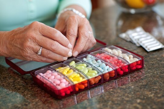 Organizing daily medications in a pill organizer on a kitchen countertop