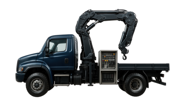 Truck featuring a rear crane and an accessible side control panel. - Powered by Adobe