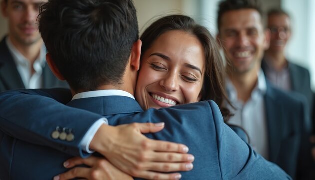 Colleagues hug departing team member with smiles, tears. They share bittersweet farewell, showing support, camaraderie. This moment captures human connection, pro transition within workplace.
