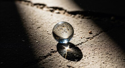 Crystal ball on cracked concrete ground with light rays, mysterious concept