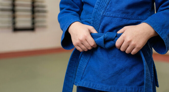 Close-Up Detail of Child's Hands Carefully Tying Martial Arts Belt Knot