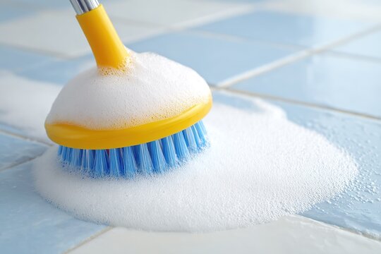Cleaning process of tiles with a scrub brush and soapy water, showcasing effective surface maintenance indoors