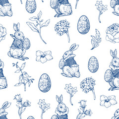 Easter rabbit seamless vector pattern with eggs flowers vintage toile style holiday design