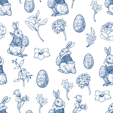 Easter rabbit seamless vector pattern with eggs flowers vintage toile style holiday design