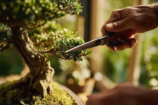 Mastering bonsai pruning techniques in a serene indoor garden setting