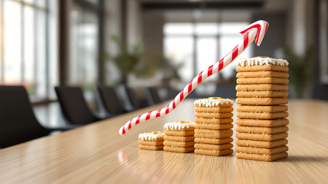 Stacked cookie bar chart with a rising candy cane arrow on an office table