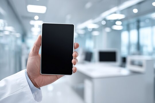Doctor holding smartphone in a modern hospital environment during a busy workday