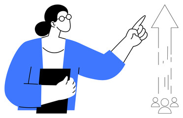 Confident leader pointing upward while holding documents, illustrating mentorship, growth, and teamwork. Ideal for leadership, success, business growth, strategy, mentorship professional training