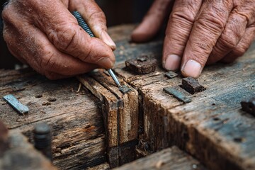 Skilled artisan repairs old wooden furniture using traditional techniques in rustic workshop
