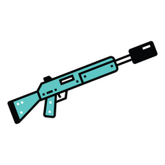 Modern stylized teal and black rifle with a suppressor