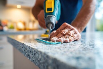 Hands engaged in a home renovation project using a power drill on a kitchen countertop in a bright and modern setting