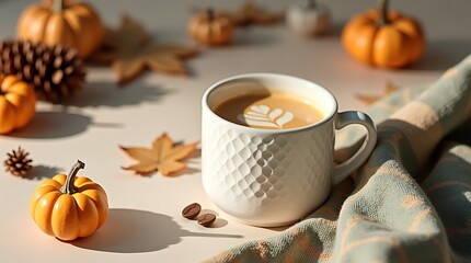 Cozy autumn morning with a warm latte, pumpkins, and fall leaves on a table