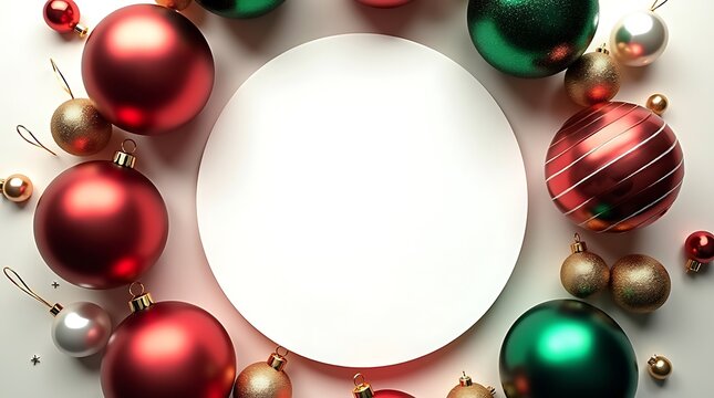 Christmas baubles and festive decorations framing a white circle, isolated on white background - Powered by Adobe