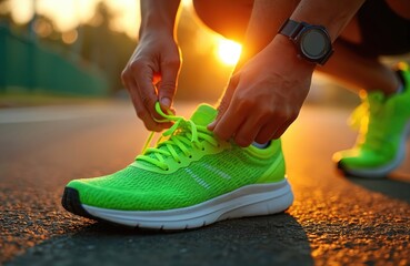 Person ties bright green athletic shoe laces on pavement. Sun shines brightly in background. Smartwatch on wrist indicates preparation for morning workout. Healthy active lifestyle.